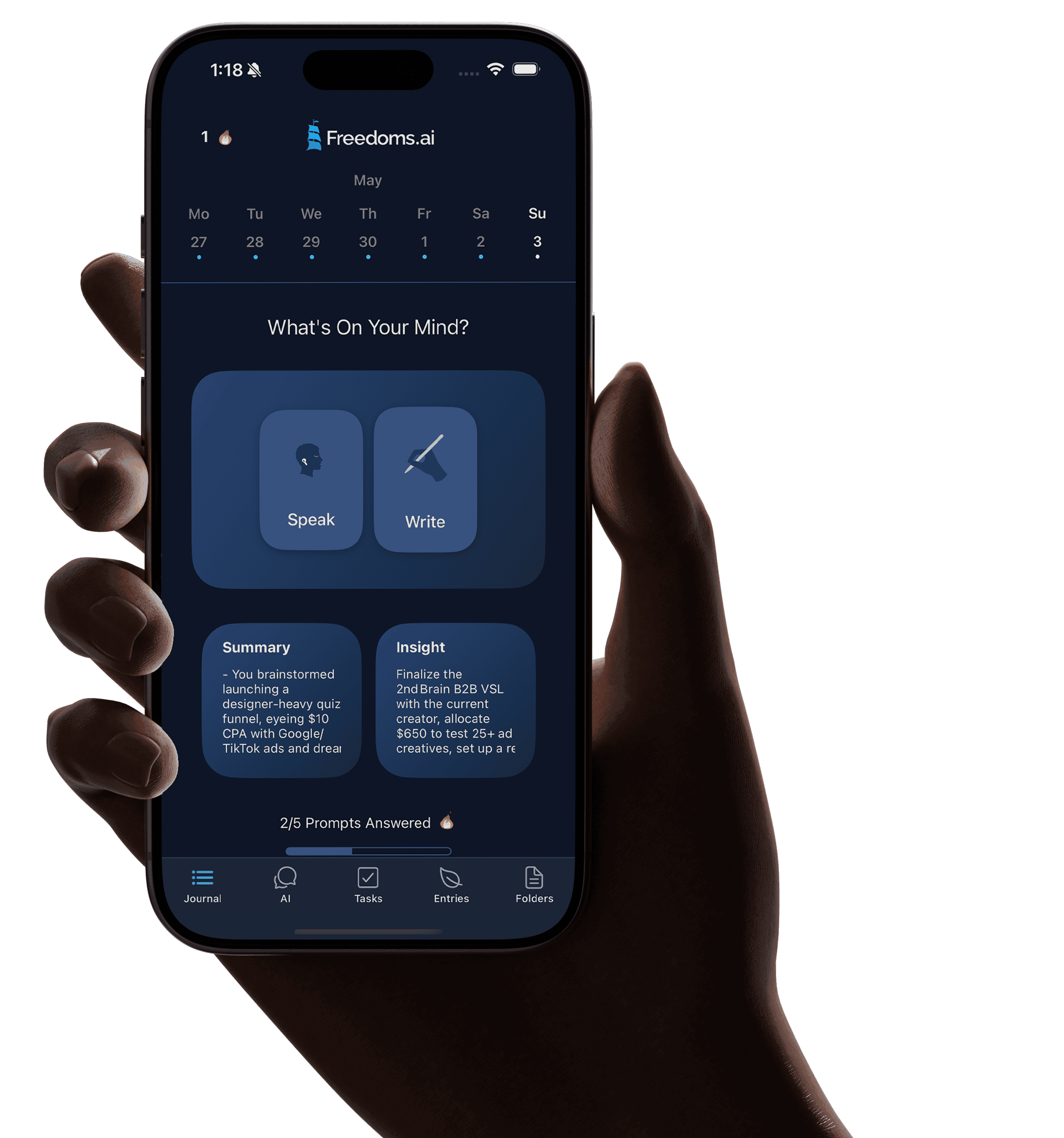 Freedoms AI app shown on a phone in hand