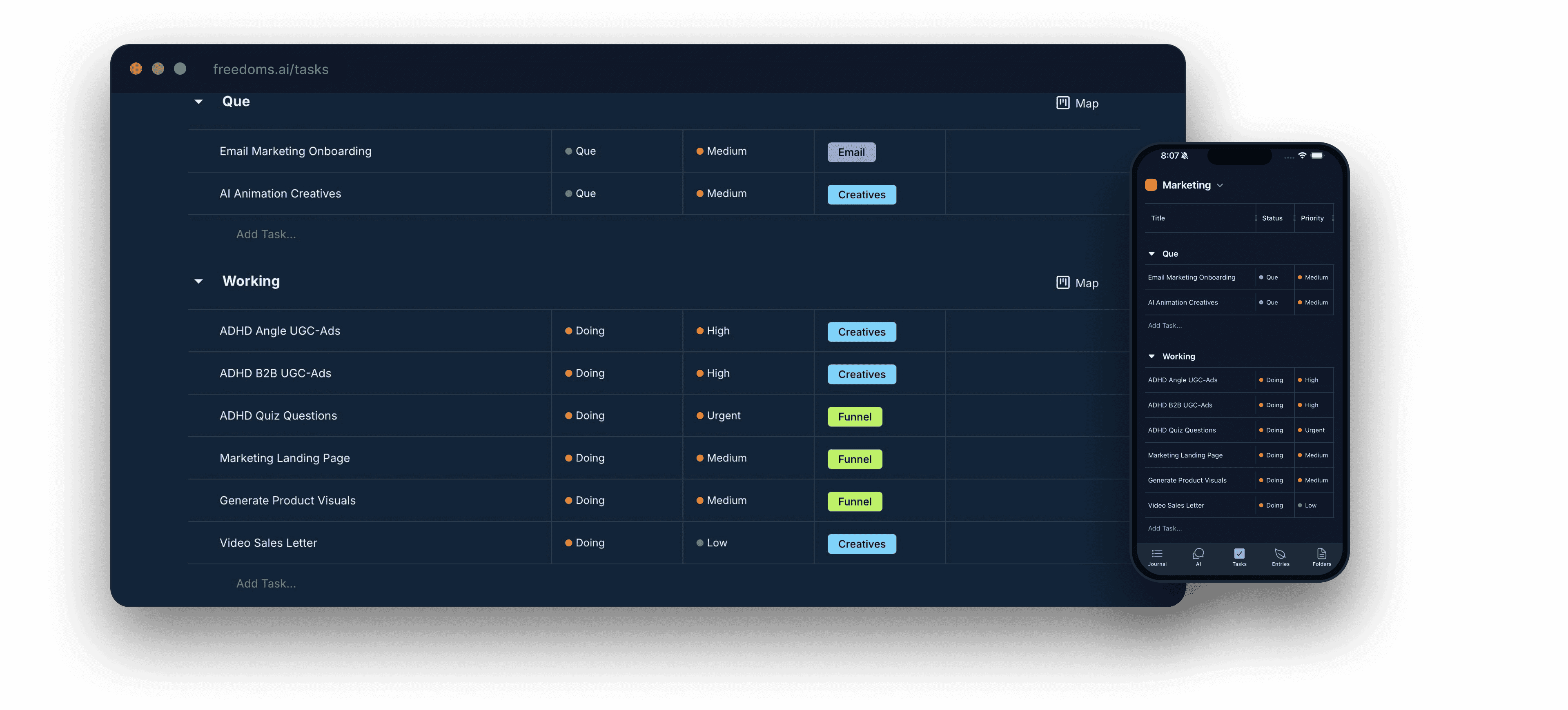Task manager dashboard with desktop and phone mockups